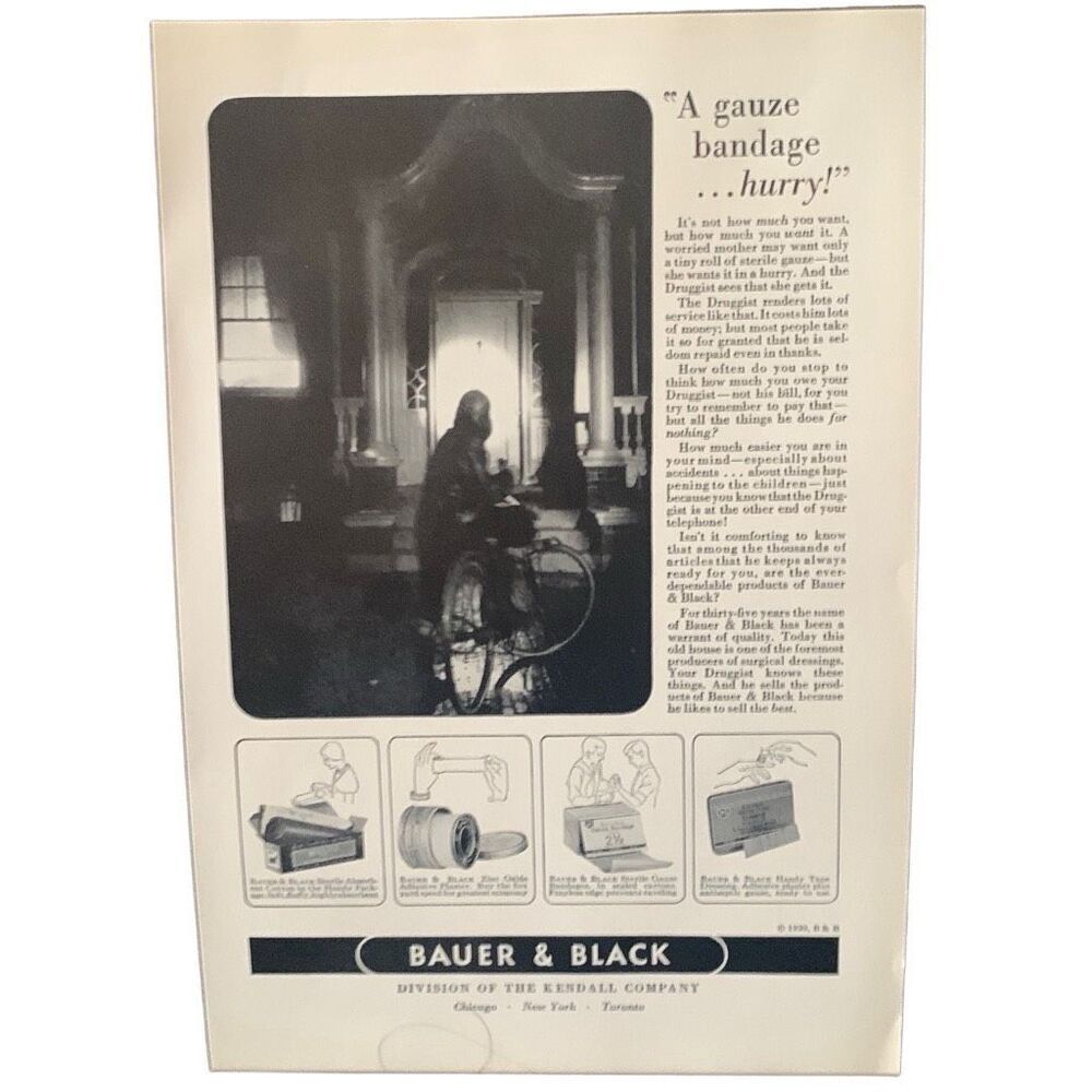 Vintage 1930 Bauer & Black A Gauze Hurry Ad Advertisement